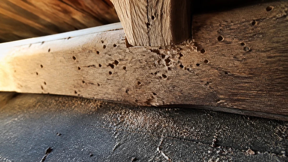 Viga de madera de una buhardilla con pequeños orificios y polvo fino debajo