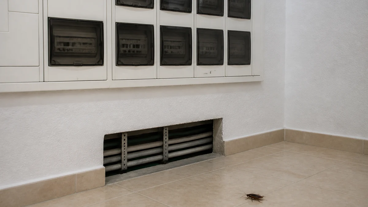 Cuarto de contadores de una comunidad con tuberías y un hueco en la parte baja de la pared