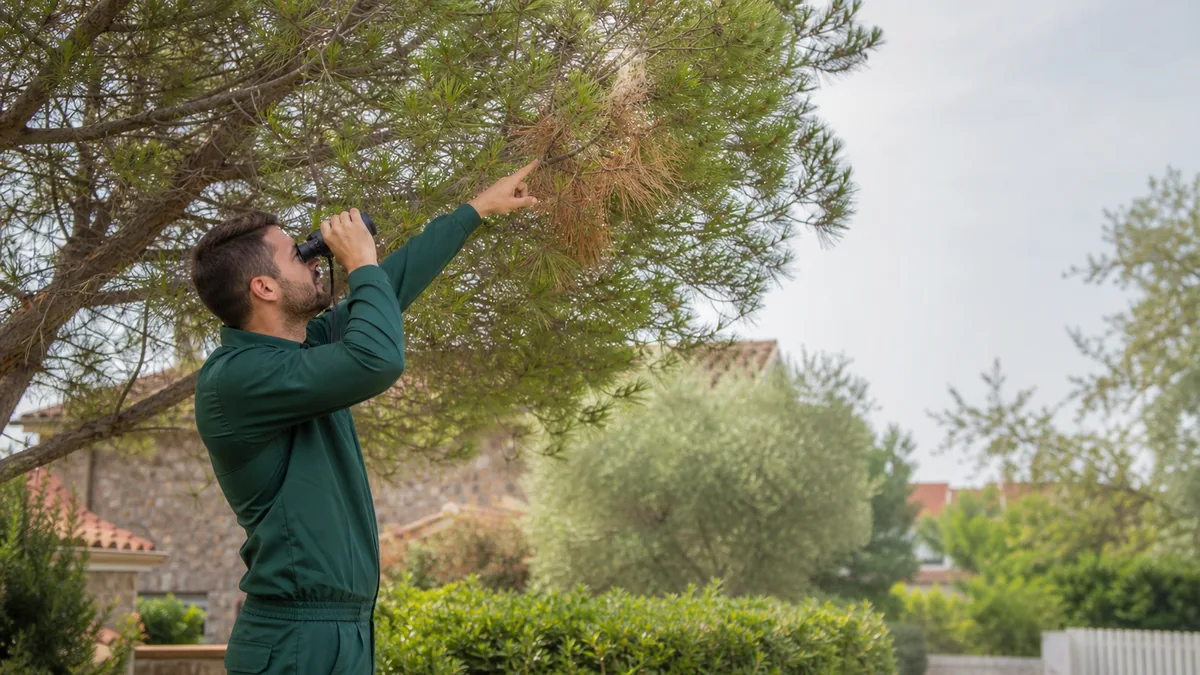 Técnico revisando desde el suelo posibles indicios de procesionaria en un pino de un jardín de Rubí