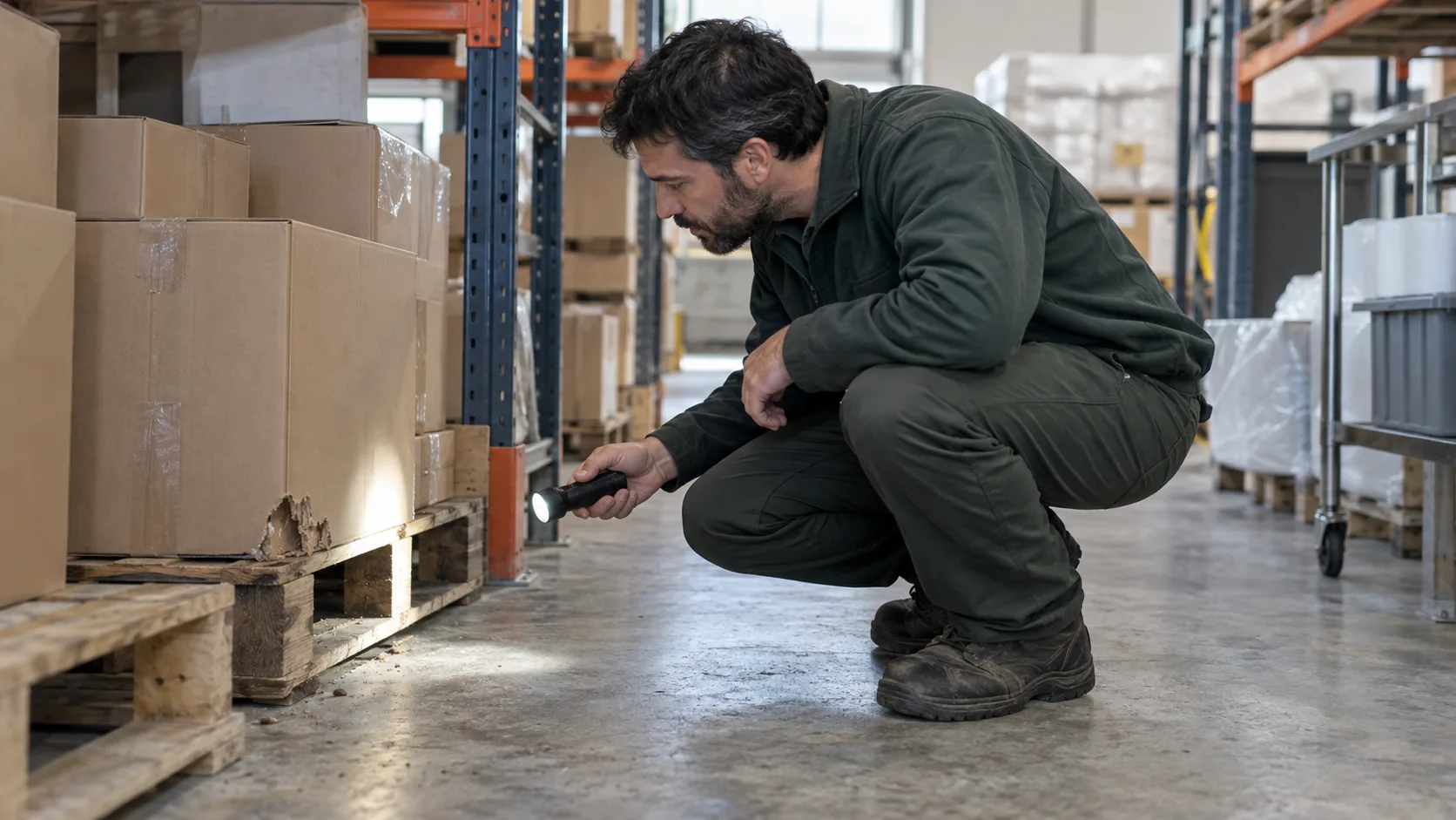Técnico inspeccionando posibles señales de ratones bajo un palé con cajas en un almacén de Rubí