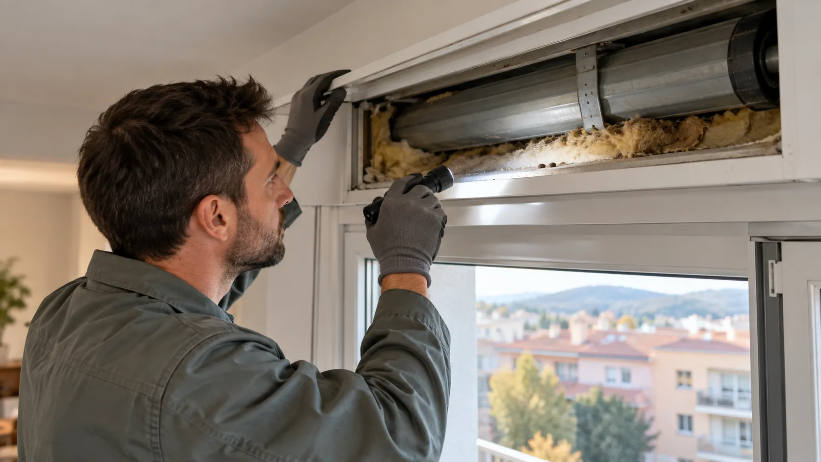 Técnico inspeccionando posibles indicios de ratón en el cajón de una persiana de una vivienda de Rubí