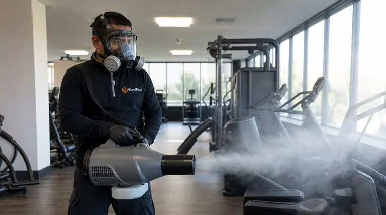 Técnico de FumiFast nebulizando un local en Rubí